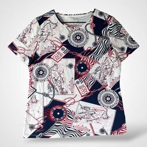 Talbots Petite Large Nautical Map Compass Rope Tee Red Navy White Club Azur Top